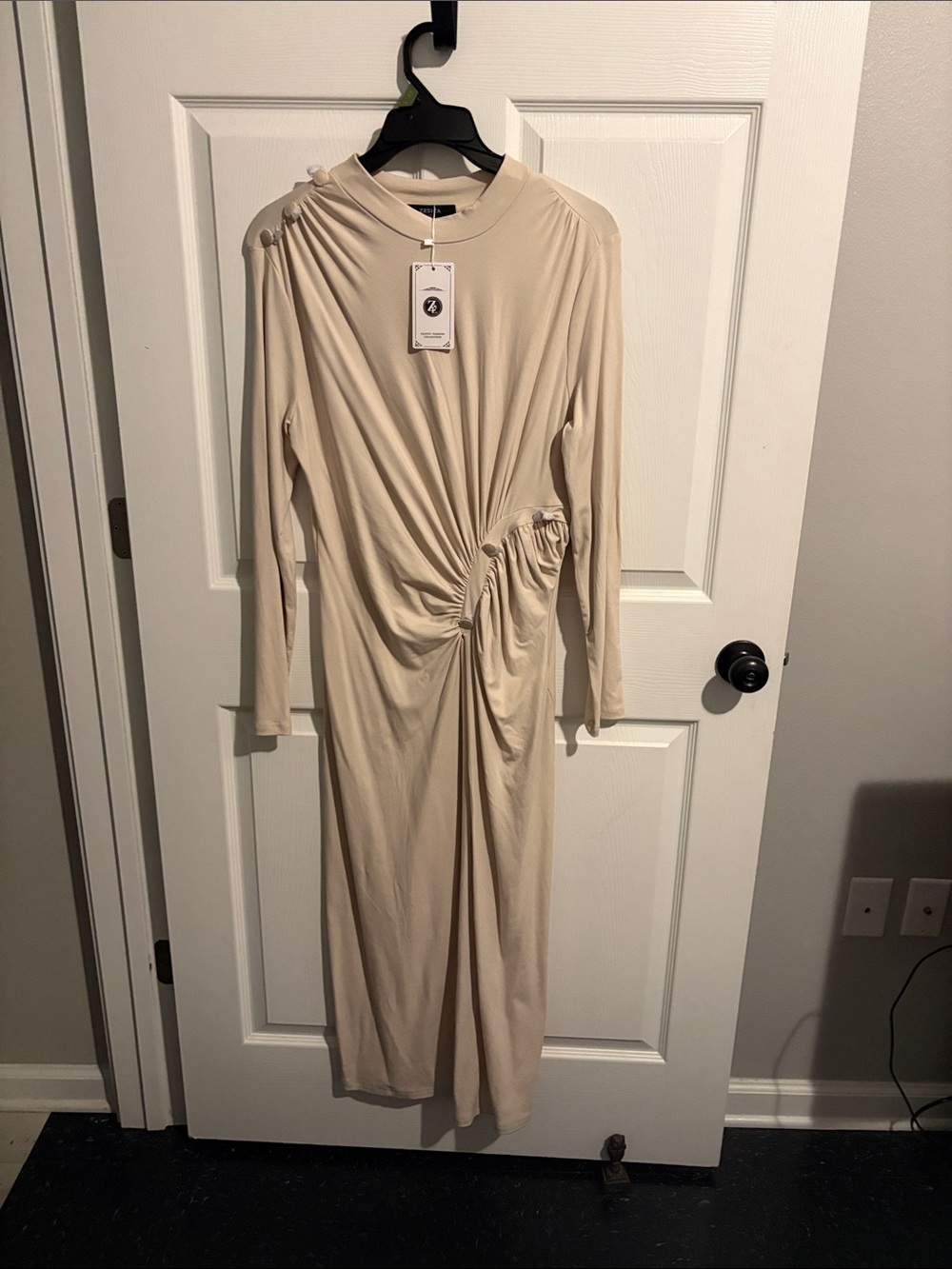 Long-Sleeve Cream Ruched Midi Dress